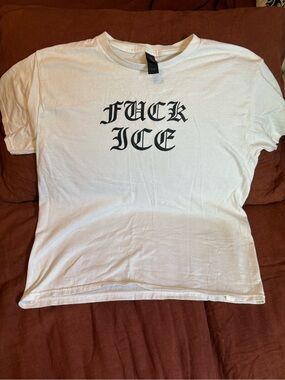 White Graphic Tee with Black Gothic 'F@?k ICE' Print